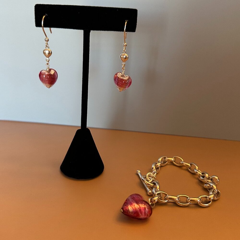 VALENTINE Murano Venetian Glass Pink heart bracelet earrings set Sterling